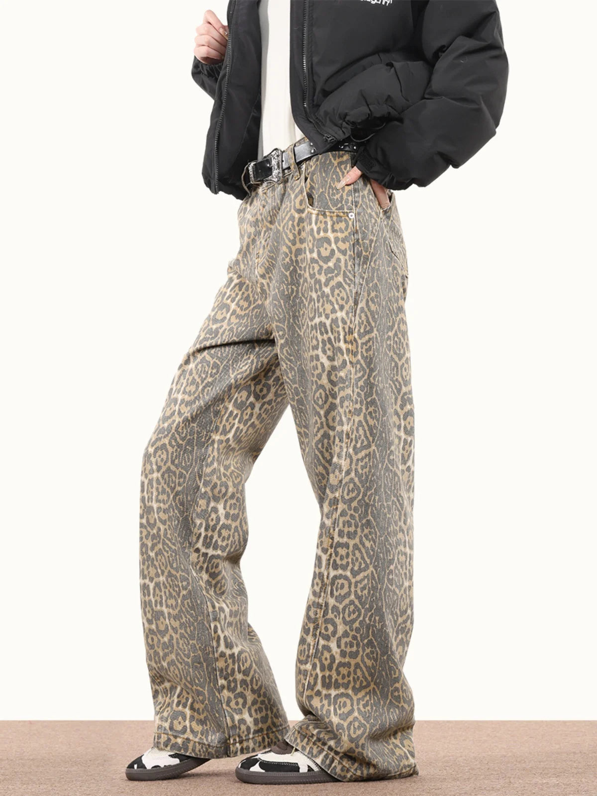 Bibi - Oversized Denim Leopard Pants