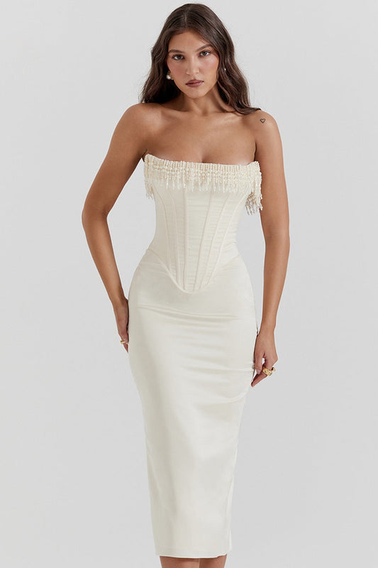 Olivia - Strapless Pearl Midi Dress